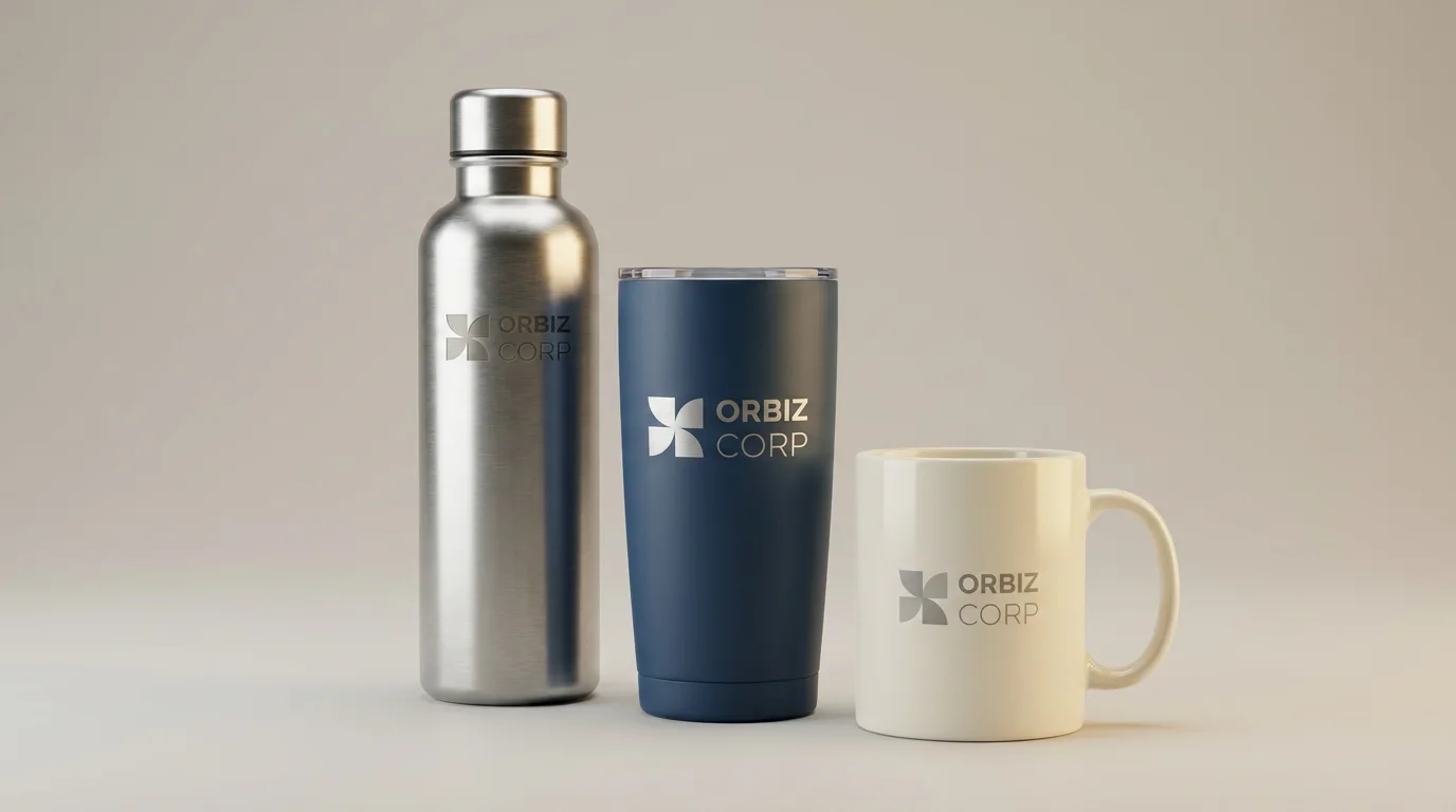 Branded stainless-steel bottle, navy tumbler and ceramic mug